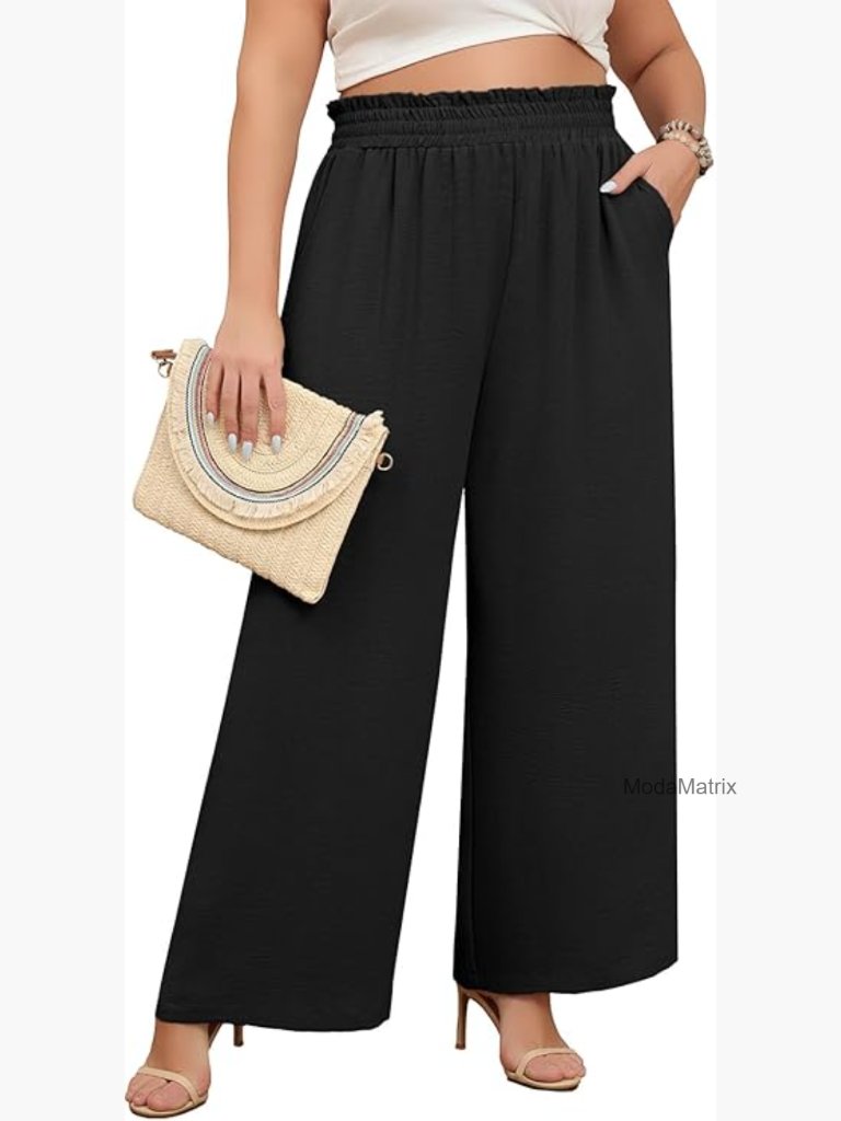 Women's Plus Size Wide Leg Pants Elastic High Waist Trousers With Pockets